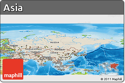 Shaded Relief Panoramic Map of Asia, physical outside