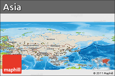 Shaded Relief Panoramic Map of Asia, physical outside