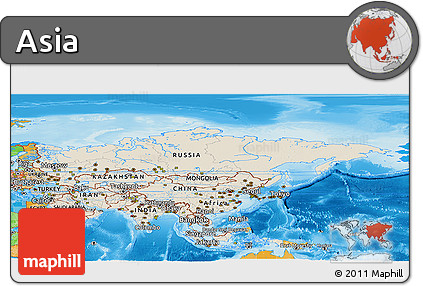 Shaded Relief Panoramic Map of Asia, political outside, shaded relief sea