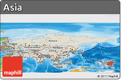 Shaded Relief Panoramic Map of Asia, political outside, shaded relief sea