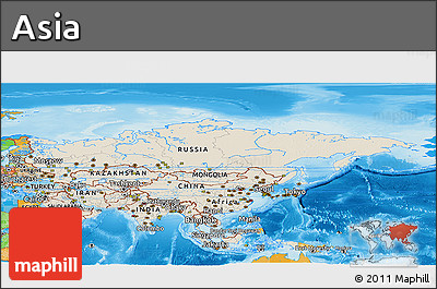 Shaded Relief Panoramic Map of Asia, political outside, shaded relief sea