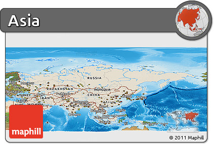 Shaded Relief Panoramic Map of Asia, satellite outside, shaded relief sea