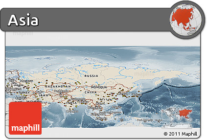 Shaded Relief Panoramic Map of Asia, semi-desaturated