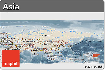 Shaded Relief Panoramic Map of Asia, semi-desaturated
