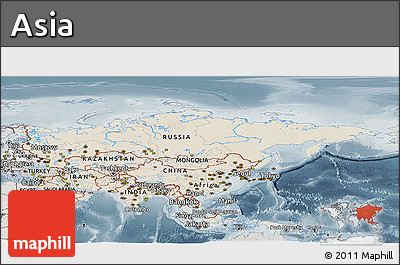 Shaded Relief Panoramic Map of Asia, semi-desaturated