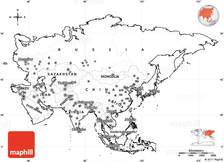 Blank Simple Map of Asia, cropped outside