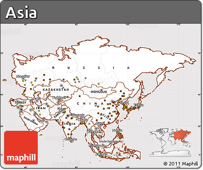 Classic Style Simple Map of Asia, cropped outside