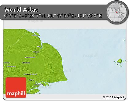 Physical 3D Map of the Area around 0° 10' 31" N, 103° 46' 30" E