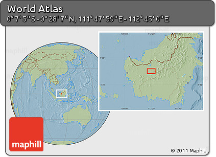 Savanna Style Location Map of the Area around 0° 10' 31" N, 112° 16' 30" E, hill shading