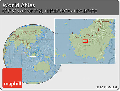 Savanna Style Location Map of the Area around 0° 10' 31" N, 112° 16' 30" E, hill shading
