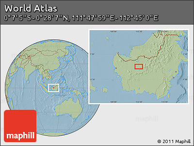 Savanna Style Location Map of the Area around 0° 10' 31" N, 112° 16' 30" E, hill shading