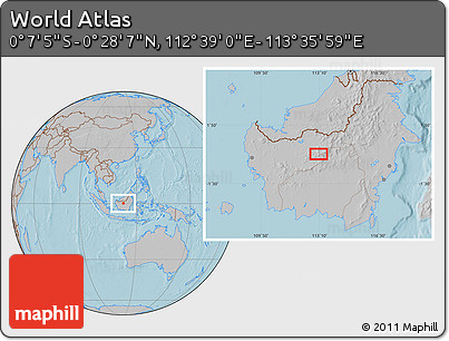 Gray Location Map of the Area around 0° 10' 31" N, 113° 7' 30" E, hill shading