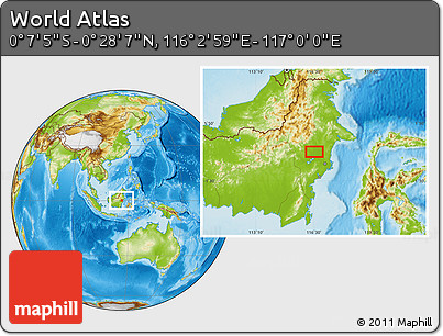 Physical Location Map of the Area around 0° 10' 31" N, 116° 31' 30" E
