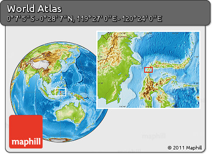 Physical Location Map of the Area around 0° 10' 31" N, 119° 55' 30" E