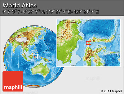 Physical Location Map of the Area around 0° 10' 31" N, 119° 55' 30" E