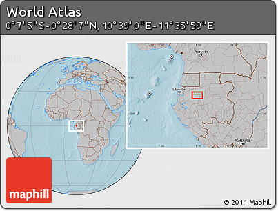 Gray Location Map of the Area around 0° 10' 31" N, 11° 7' 30" E, hill shading