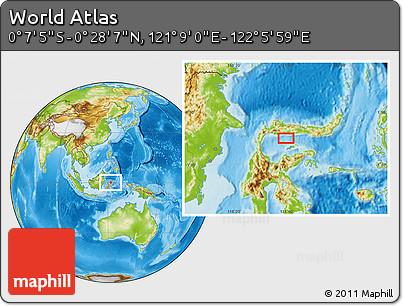 Physical Location Map of the Area around 0° 10' 31" N, 121° 37' 30" E