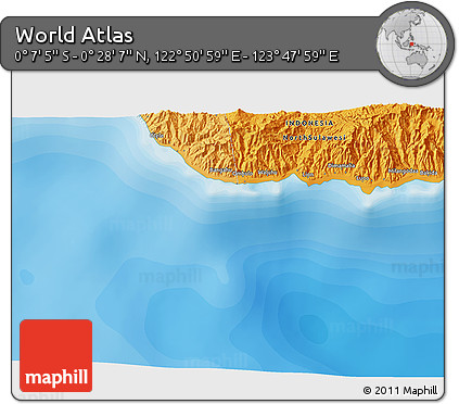 Political 3D Map of the Area around 0° 10' 31" N, 123° 19' 29" E
