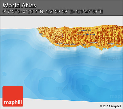 Political 3D Map of the Area around 0° 10' 31" N, 123° 19' 29" E