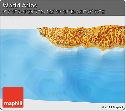 Political 3D Map of the Area around 0° 10' 31" N, 123° 19' 29" E