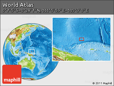 Physical Location Map of the Area around 0° 10' 31" N, 144° 34' 29" E