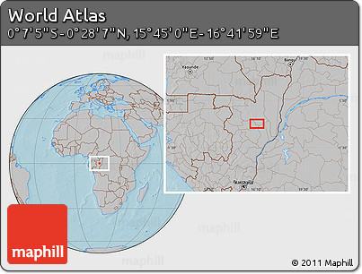 Gray Location Map of the Area around 0° 10' 31" N, 16° 13' 30" E, hill shading