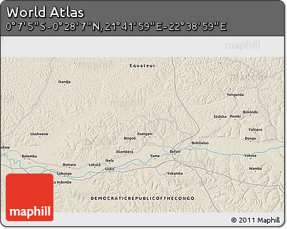Shaded Relief 3D Map of the Area around 0° 10' 31" N, 22° 10' 29" E