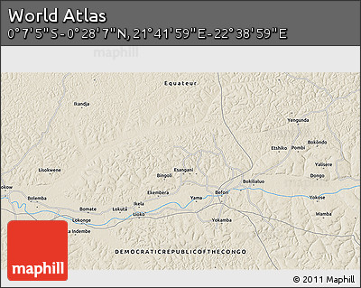 Shaded Relief 3D Map of the Area around 0° 10' 31" N, 22° 10' 29" E