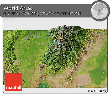 Satellite 3D Map of the Area around 0° 10' 31" N, 29° 49' 30" E