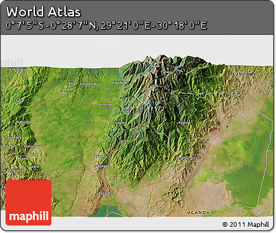 Satellite 3D Map of the Area around 0° 10' 31" N, 29° 49' 30" E