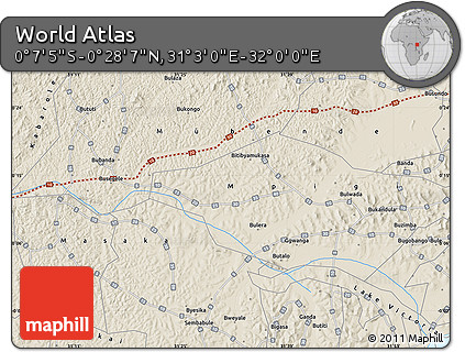 Shaded Relief Map of the Area around 0° 10' 31" N, 31° 31' 29" E