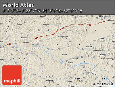 Shaded Relief Map of the Area around 0° 10' 31" N, 31° 31' 29" E