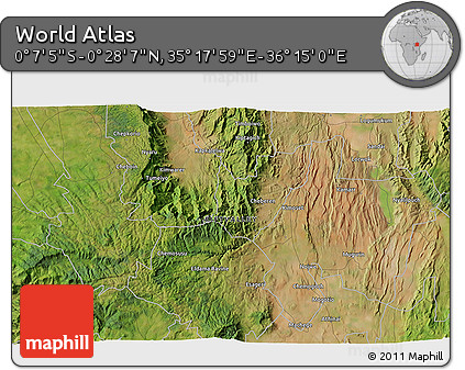 Satellite 3D Map of the Area around 0° 10' 31" N, 35° 46' 29" E