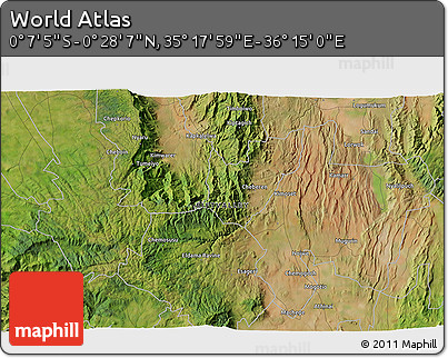 Satellite 3D Map of the Area around 0° 10' 31" N, 35° 46' 29" E