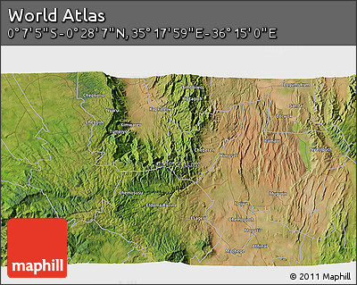 Satellite 3D Map of the Area around 0° 10' 31" N, 35° 46' 29" E