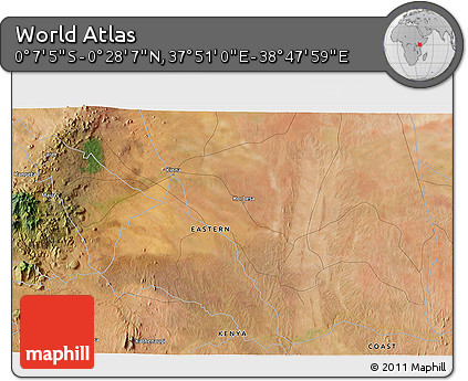 Satellite 3D Map of the Area around 0° 10' 31" N, 38° 19' 30" E