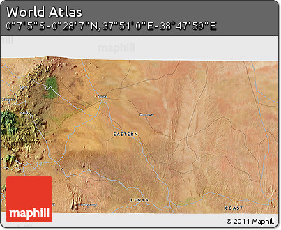 Satellite 3D Map of the Area around 0° 10' 31" N, 38° 19' 30" E
