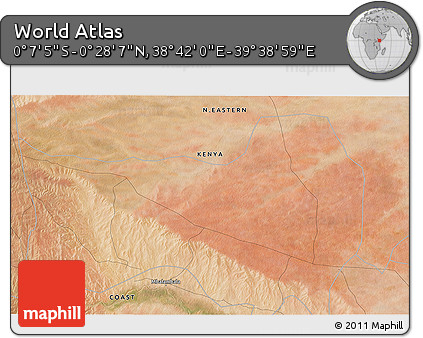 Satellite 3D Map of the Area around 0° 10' 31" N, 39° 10' 29" E