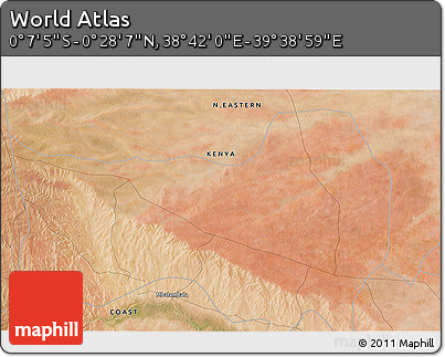 Satellite 3D Map of the Area around 0° 10' 31" N, 39° 10' 29" E