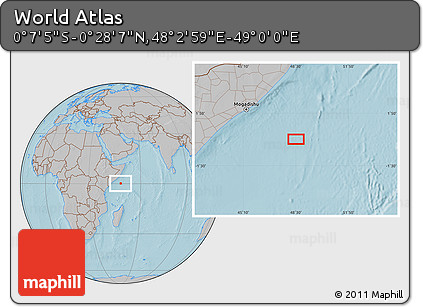 Gray Location Map of the Area around 0° 10' 31" N, 48° 31' 29" E, hill shading