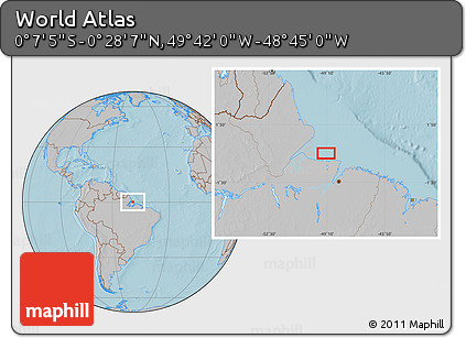 Gray Location Map of the Area around 0° 10' 31" N, 49° 13' 30" W, hill shading