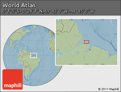 Savanna Style Location Map of the Area around 0° 10' 31" N, 49° 13' 30" W, hill shading