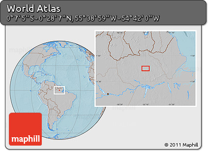 Gray Location Map of the Area around 0° 10' 31" N, 55° 10' 29" W, hill shading