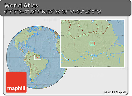 Savanna Style Location Map of the Area around 0° 10' 31" N, 55° 10' 29" W, hill shading