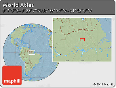 Savanna Style Location Map of the Area around 0° 10' 31" N, 55° 10' 29" W, hill shading