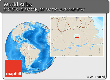 Shaded Relief Location Map of the Area around 0° 10' 31" N, 55° 10' 29" W