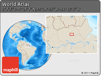 Shaded Relief Location Map of the Area around 0° 10' 31" N, 55° 10' 29" W