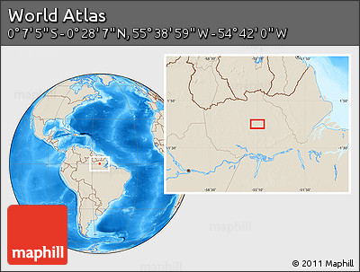 Shaded Relief Location Map of the Area around 0° 10' 31" N, 55° 10' 29" W