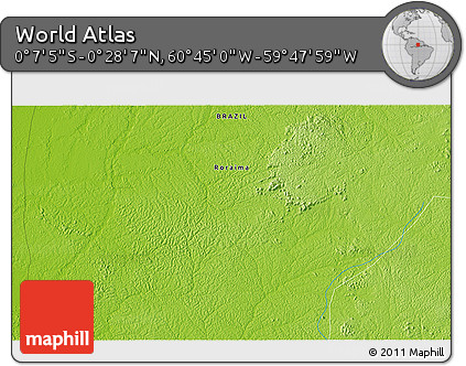 Physical 3D Map of the Area around 0° 10' 31" N, 60° 16' 29" W