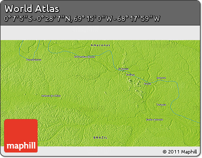 Physical 3D Map of the Area around 0° 10' 31" N, 68° 46' 30" W
